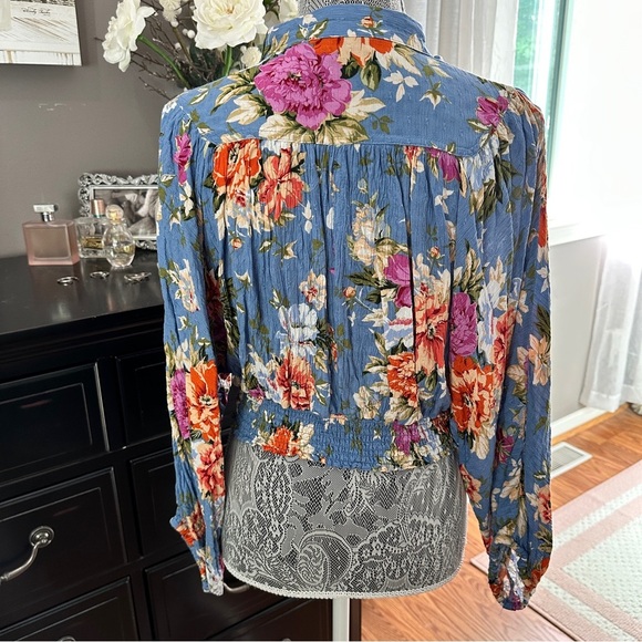 RACHEL Rachel Roy Floral Blouse - Blue and Multicolor Tie Blouse Size L - Picture 7 of 15
